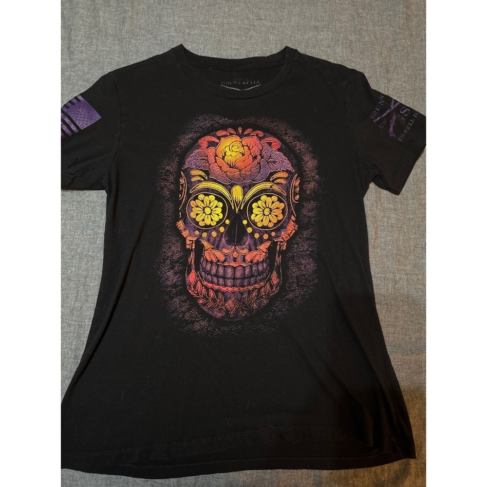 Grunt Style Womens Black Sugar Skull Graphic T-Shirt Purple Flag Small